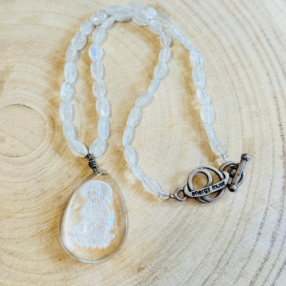 Energy Muse Intaglio Buddha Necklace Quartz natural beads Statement Collar 16" - Picture 2 of 6